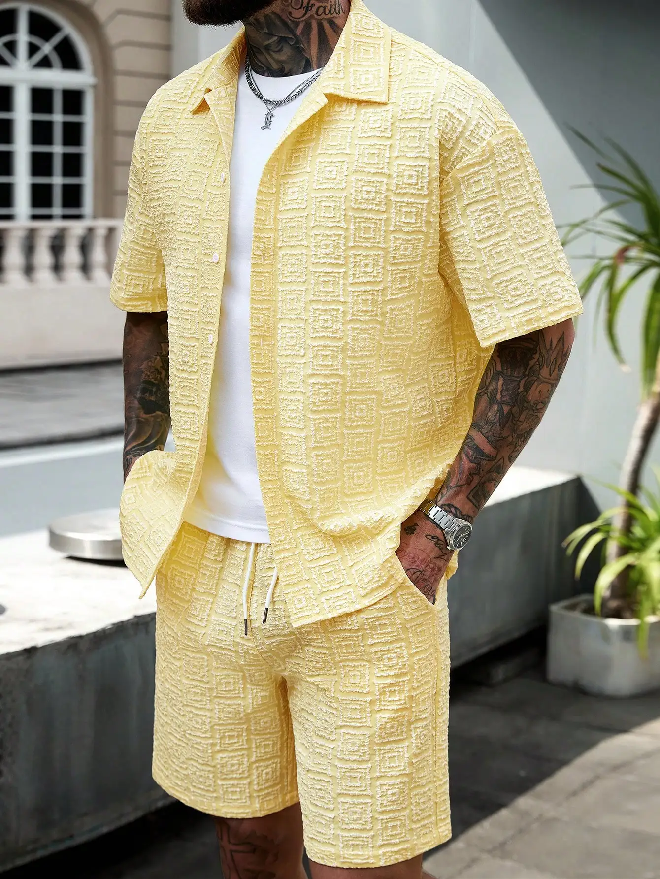 Conjunto de Camisa de Manga Corta Casual Holgada con Textura Jacquard para Hombre, Talla Grande, Verano, Marca Manfinity CasualCool