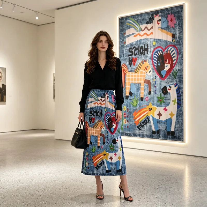 Miyake Pleated 2026 Retro Print Pleated Skirt Women's Mid-Length Casual Straight Skirt Blue Cartoon Surgical Skirt Summer Pleat