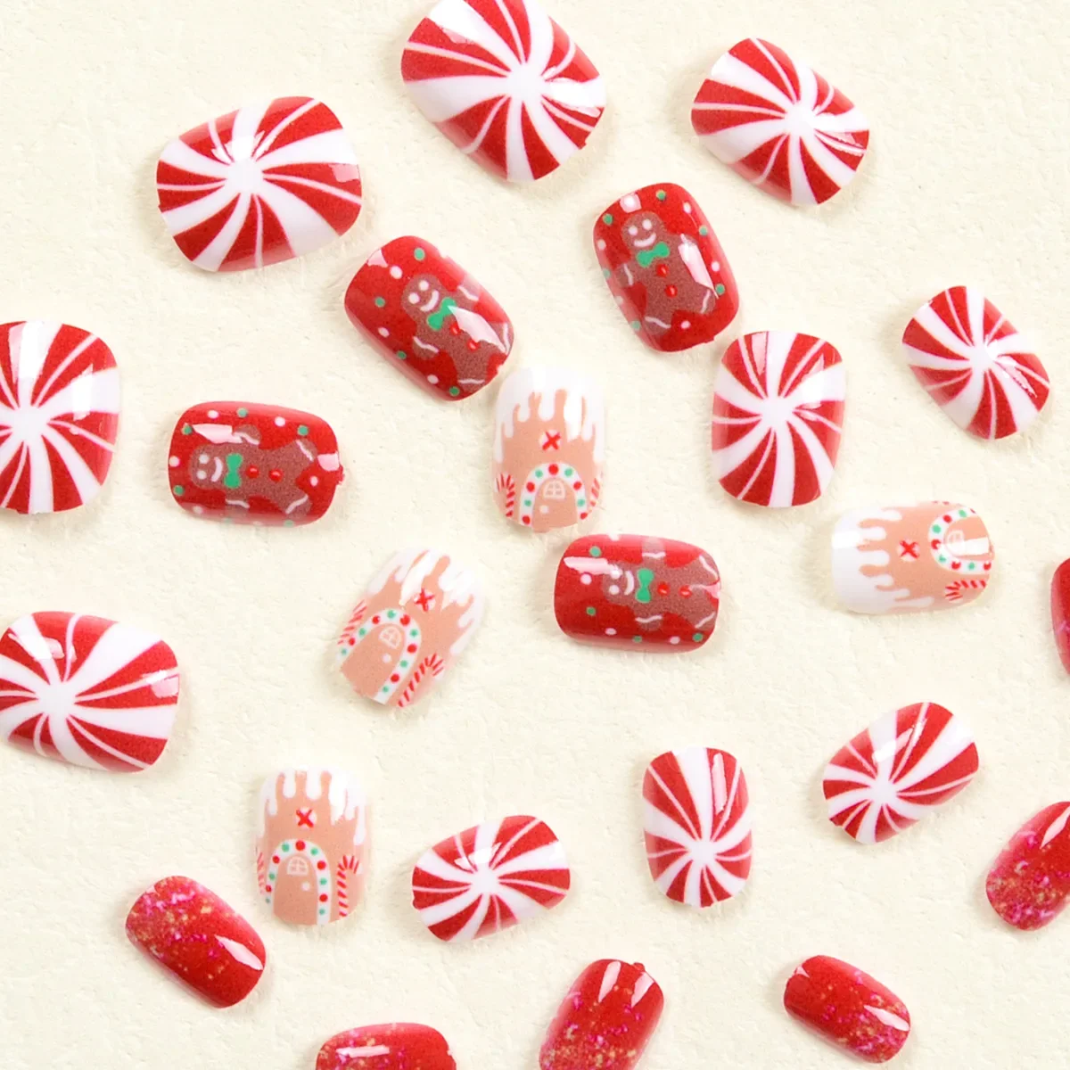 24Pcs Short Oval Press-On Nails Set - Adorable Christmas Gingerbread & Candy Cane Designs, Ideal for Women & Girls Holiday Party