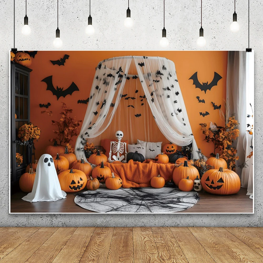 

Scary Halloween Photography Backdrop Glitter Mosquito Net Pumpkins Ghost Bat 2025 Kids Family Halloween Party Decor Backgrounds