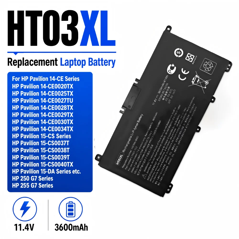 3600mAh 11.4V HT03XL Laptop Battery for HP Pavilion 14-CE0025TU 14-CE0034TX 15-CS0037T 250 255 G7 TPN-Q207/TPN-Q208/TPN-Q209