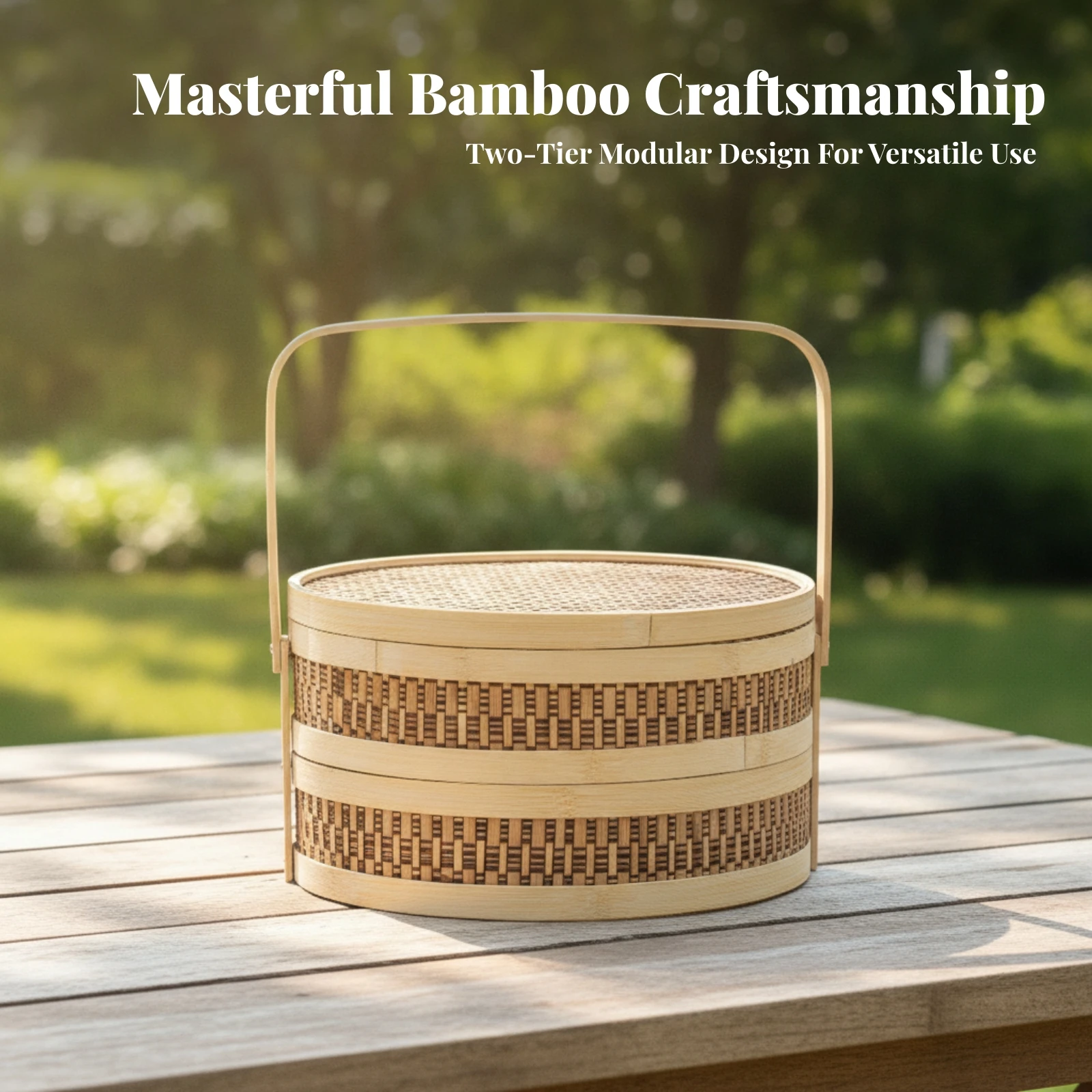 Bamboo Gift Basket Decorative Double-Layer Food Basket Bamboo Gift Box Eco-Friendly Handmade for Mooncake Presentation