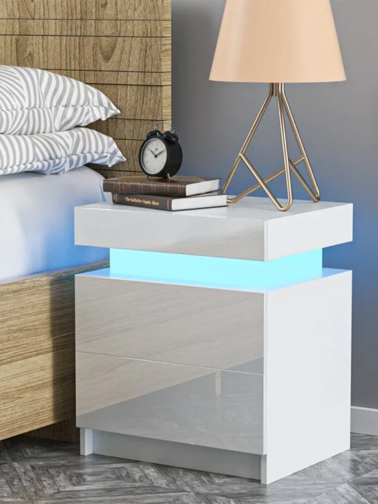 High Gloss White Stylish 2 Drawer LED Light Bedside Table Cabinet Nightstand Home Bedroom Furniture Pack, 156 characte