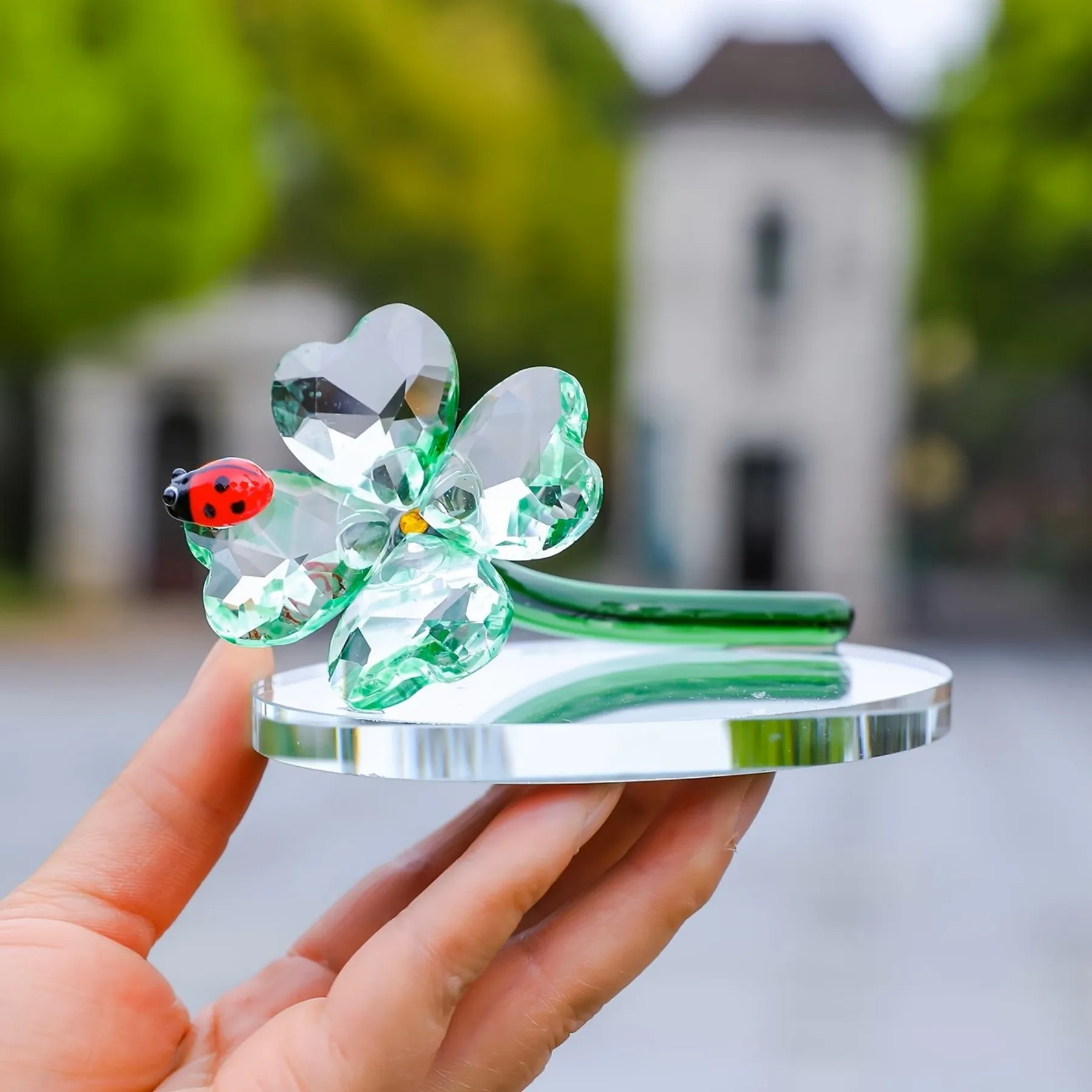 1PC Crystal Lucky Clover Figurine -Light Luxury Green Plant Decor, Home Living Room Desk Ornament, Perfect Gift for Housewarming