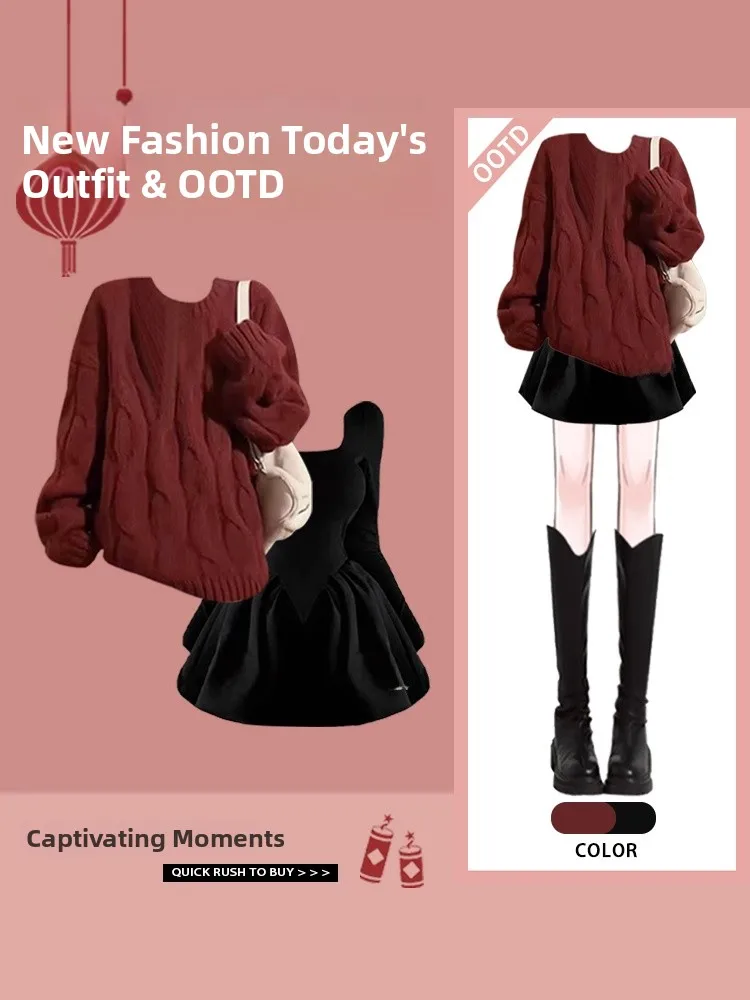 

Red Sweater And Skirt Set Women's Winter Faion Two-Piece Suit New Year's Outfit Bla Dr ort Skirt Ensemble