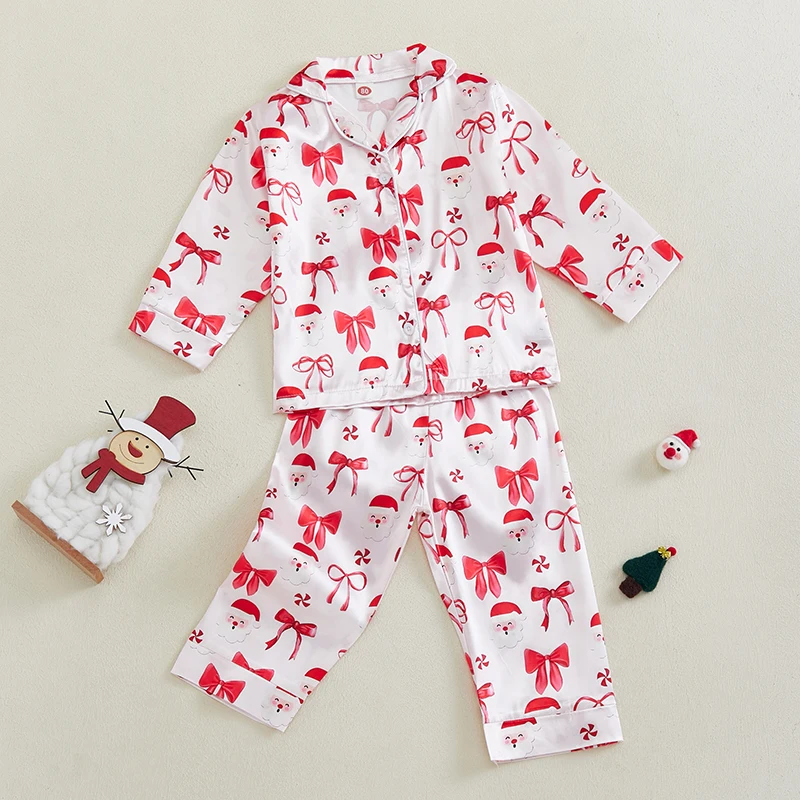 Children Sleepwear Christmas Pajama Set Satin Slik Cute Santa Bow Print Lapel Neck Button-up Tops Pant Casual Kid Loungewear Set