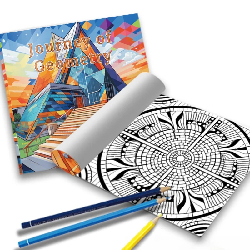 Journey of Geometry Coloring Book Modern Geometric Building Colorful Polygon Architecture Stress Relief Drawing Book