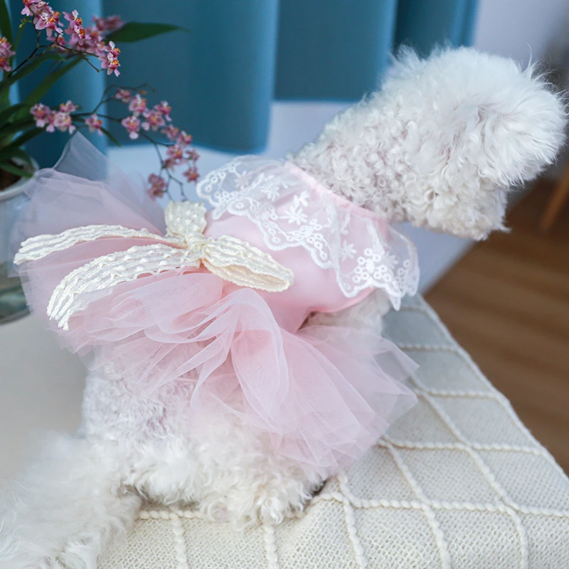 Lace Bow Tie Cat Dress for Small Dogs Princess Pink Veil Tutu Skirt Puppy Summer Clothes Birthday Wedding Female Pet Clothing