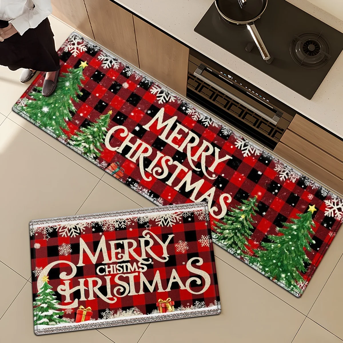 1/2/3pc Red Black Plaid Floor Mat Runner Set Merry Christmas Tree Holiday Kitchen Bedside Laundry Room Hallway Area Rugs