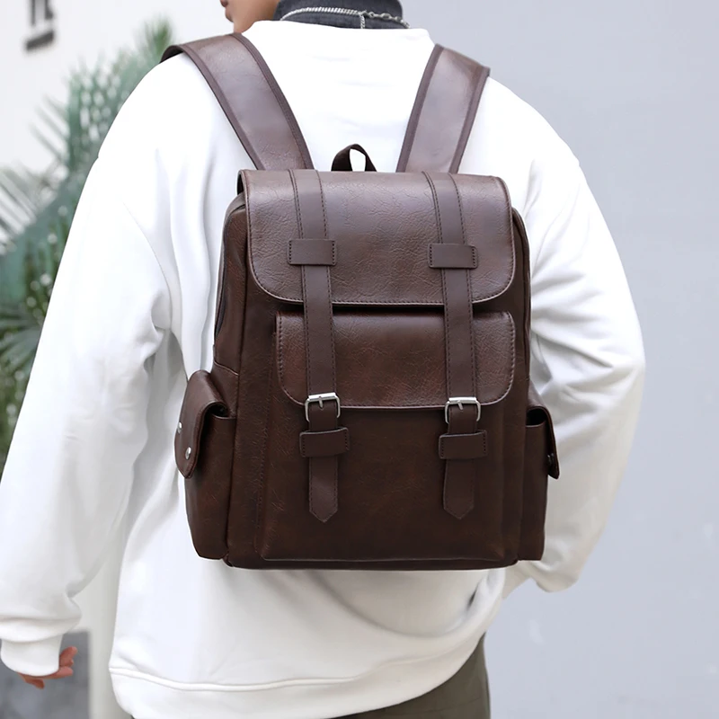 2023 männer Rucksack PU Leder Rucksack Große Laptop Rucksäcke Männlichen Mochilas Schwarz Schulranzen Für Jugendliche Jungen Braun Sac A Dos – Detail 12