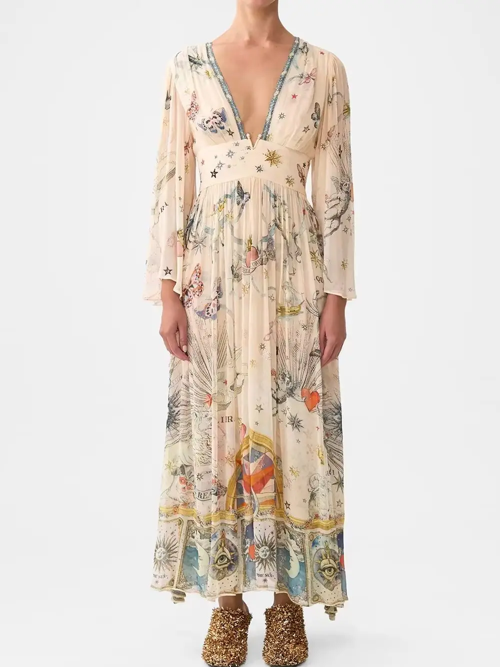 Women Retro Print Maxi Dress Crystal Beaded V-Neck Long Sleeve Elastic Waist Pleated Elegant Ladies 100% Silk Robe