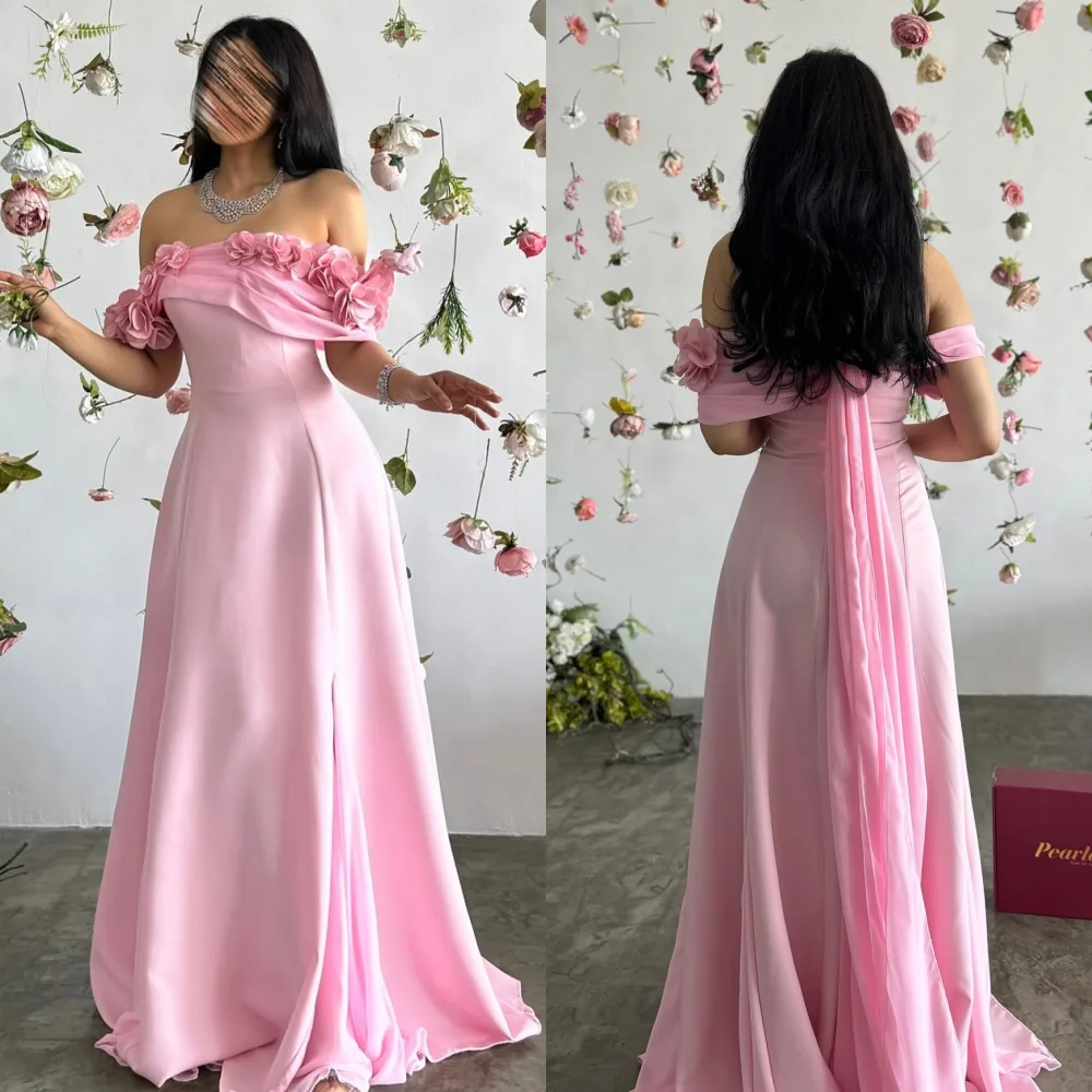 

Customized Modern Style Pleat Flower A-line Off-the-shoulder Long Dresses Bespoke Occasion Dresses Sizes Available