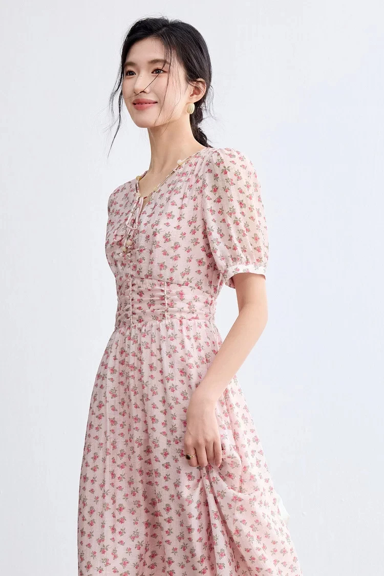 SENTUBILA Elegantes Blumen-Sommerkleid für Damen 2026, lässiges Kleid mit V-Ausschnitt, plissiertem Rock, kurzen Puffärmeln und schmaler A-Linie 162LO6257X – Detail 8