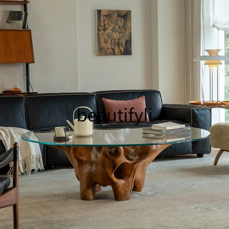 

zqqqqWood | Teak Root Carving Creative\ Wabi Sabi Wind Shaped Solid Wood Glass Round Dining Table
