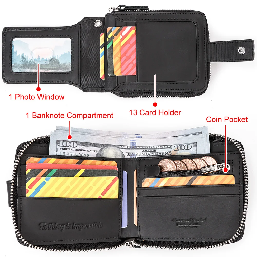 HUMERPAUL Genuine Leather Wallet for Men RFID Large Capacity ID Window Card Case with Coin Pocket Male Short Money Bag