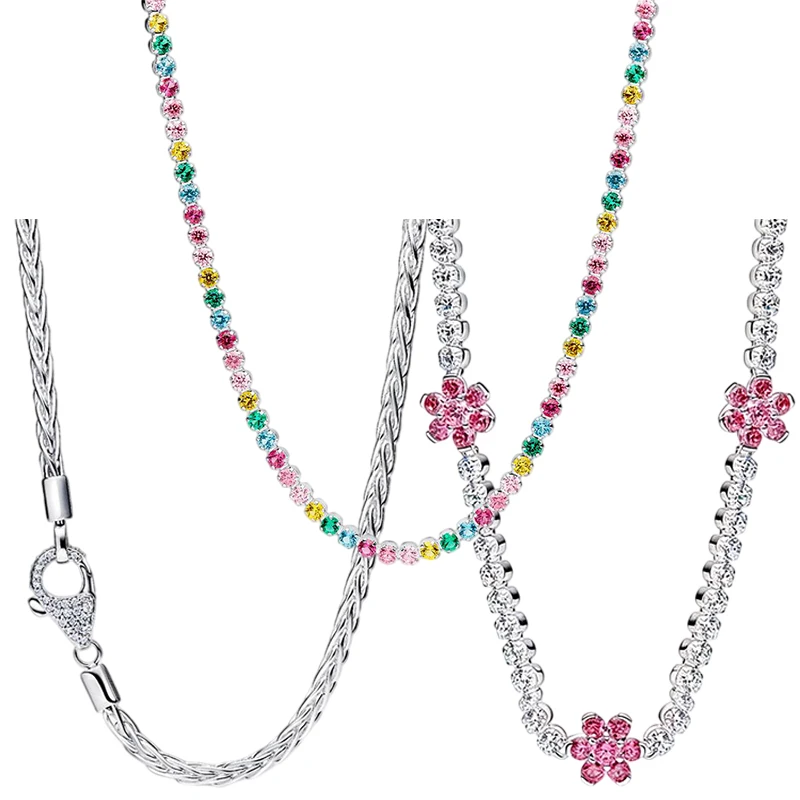 

2026 new hot selling 925 sterling silver rainbow tennis necklace for women DIY fashion boutique wedding party jewelry gifts