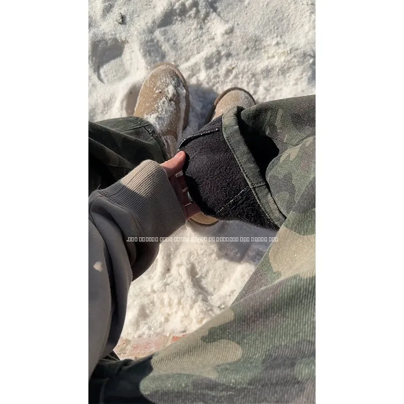 

American Retro Camouflage Fce Lined Straight Leg Jeans Men's Autumn Winter Cleanfit Logging Workwear Blue Denim Trousers