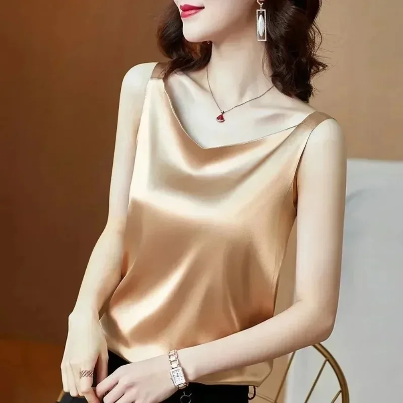 Women Satin Blouses Elegant Sleeveless Silk Tops Stand Collar Female Shirts Solid Casual Blusas Women Tops Blusas De Mujer