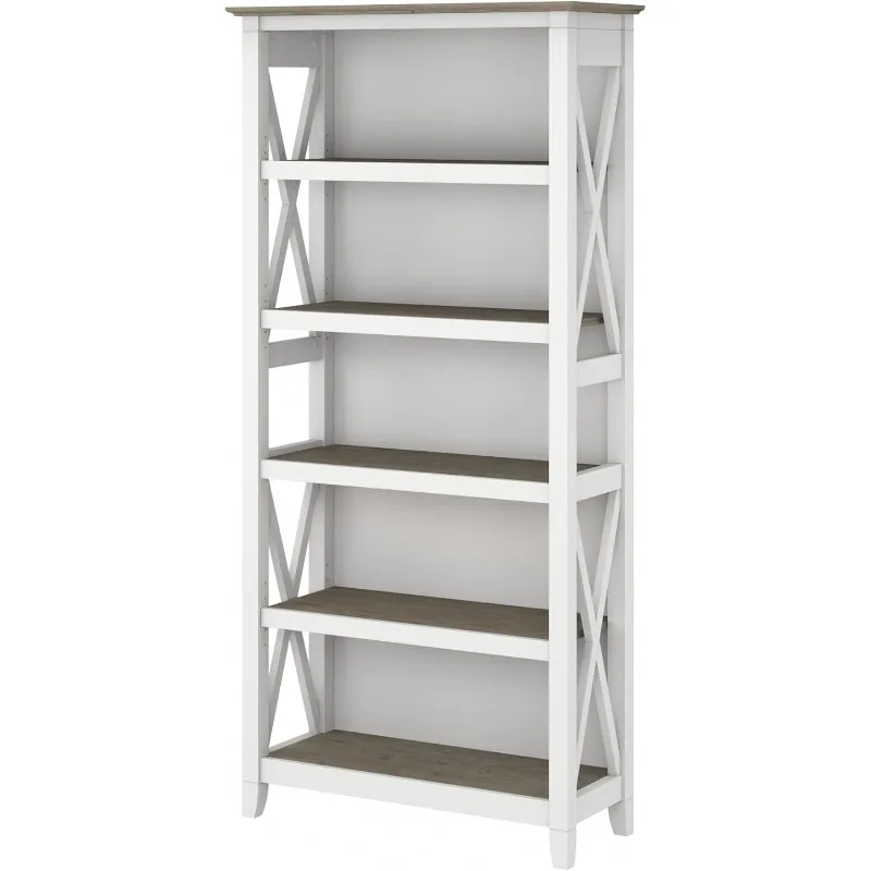 BSH24470221 Key West 5-Shelf 66-Inch H Bookcase, Shiplap Gray/Pure White