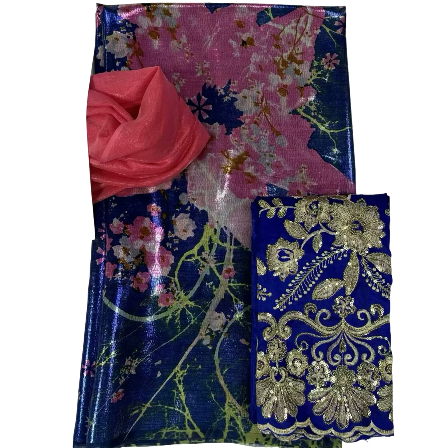 

3.65+2+2 Yard/Set Luxury Soft African Print Satin Silk Chiffon George Fabric With Swiss Voile Lace For Party Lady Dress Sewing