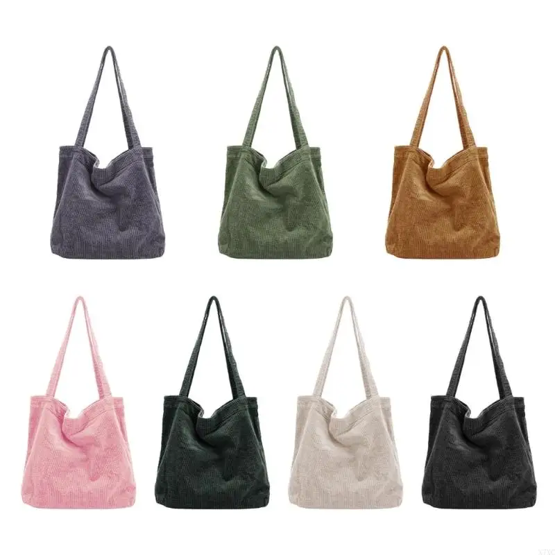 

X7XC Female Shoulder Shopping Bag Women Corduroy Tote Bag Solid Color Casual Handbags