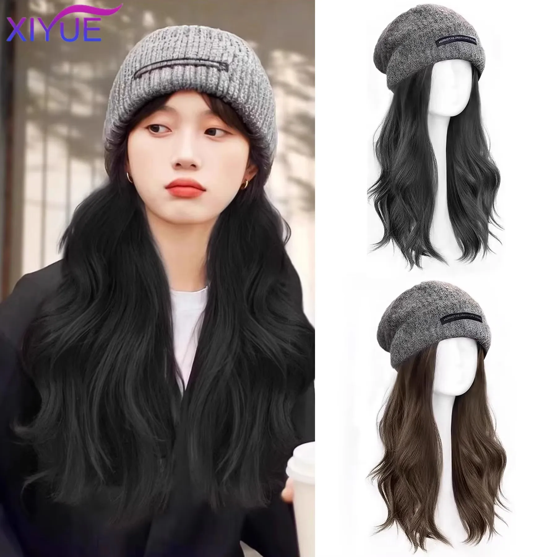 Long curly hair knitted hat synthetic wig one-piece long hair full head cover hat wig easy to wear suitable for any occasion XY