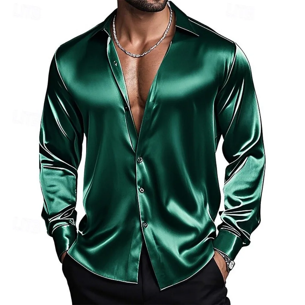 Chemise pour homme, chemise en satin de soie, chemise habillée, chemise décontractée, chemise à boutons, chemise habillée unie pour affaires