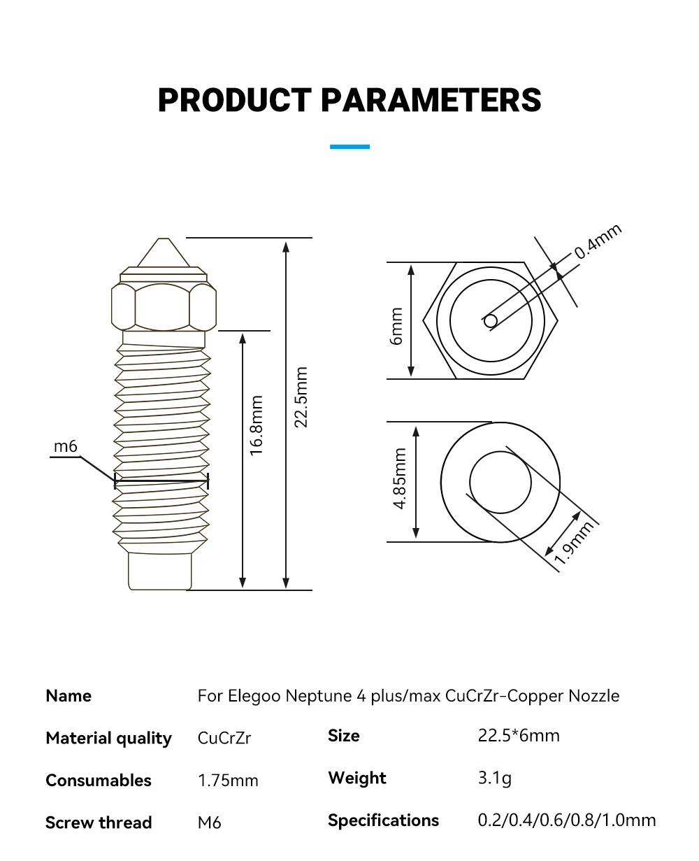 1/2pcs For Elegoo Neptune 4 Plus/Max Brass Hardened Steel Copper Plated Nozzle 0.4/0.6/0.8mm For 1.75mm Filaments High Speed