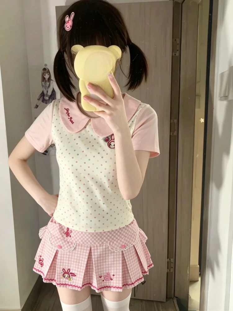 New Japanese 2 Piece Sets Kawaii Lolita Style Women Sweet Bow Cat Print T shirt Cute Cake Mini Skirt Y2k Harajuku Streetwear
