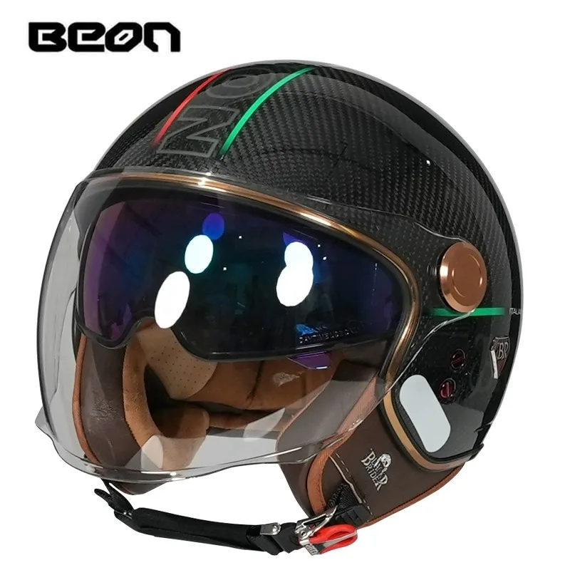 BEON BR20 Open Face Carbon Fiber 3/4 Retro Half Helmet Motorcycle Vintage Double Lens Visor Helmet Casque Moto Casco Capacete