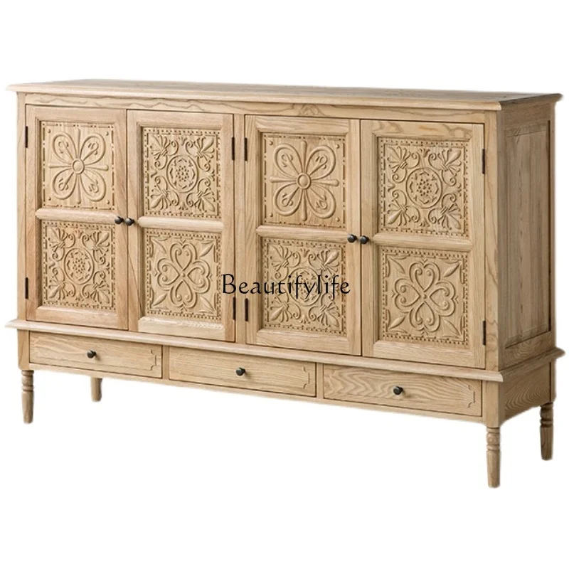 

*French solid wood carving flower retro old dining side cabinet American country four doors