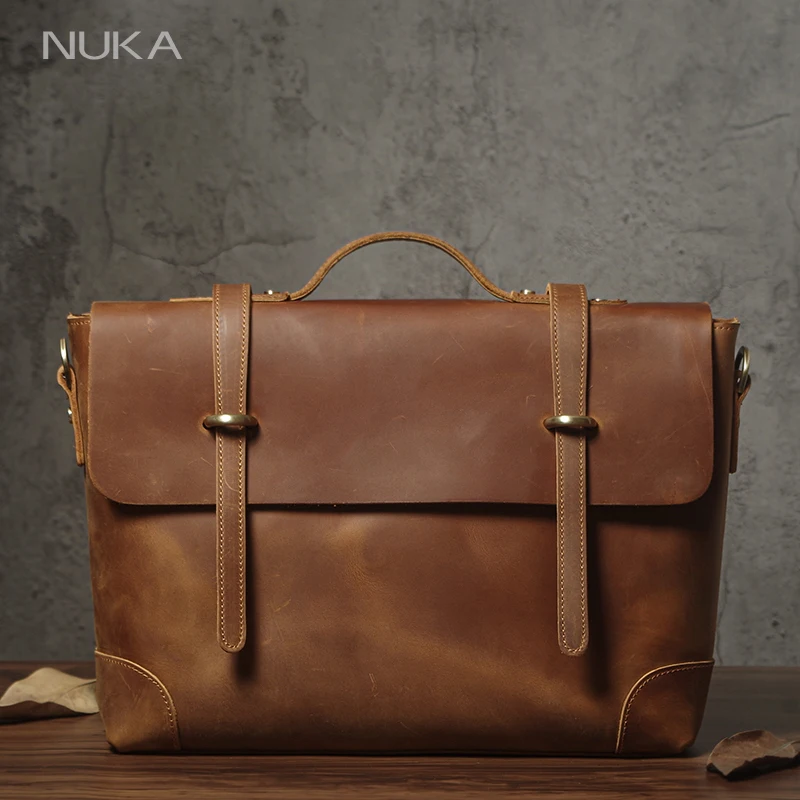 NUKA Men's Leather Handbag Vintage Business Briefcase Top Natural Cowhide Messenger Bag Deluxe Shoulder Bag For 15.6 Inch Laptop