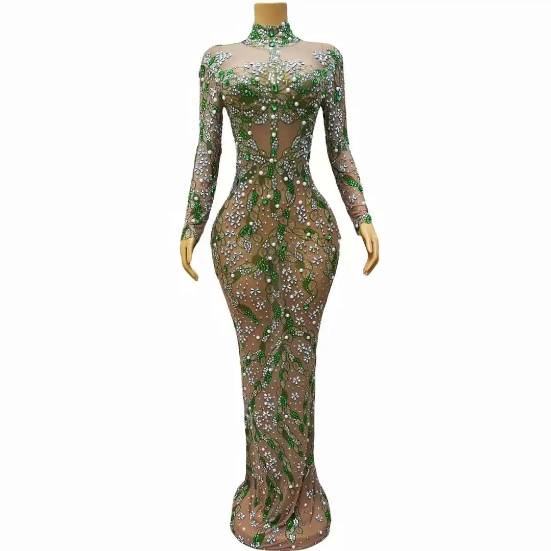 Fashion Green Rhinestones Banquet Evening Party Long Dress Singer Celebrity Sexy Transparent Sleeveless Model Catwalk Costume