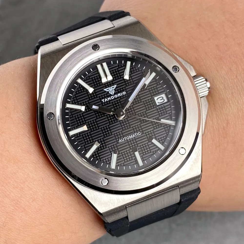 

Tandorio 40mm White Checkered Grid Dial Luminous NH35 Mechanical Men Wristwatch Sapphire Glass Steel Bracelet Date Stick Index