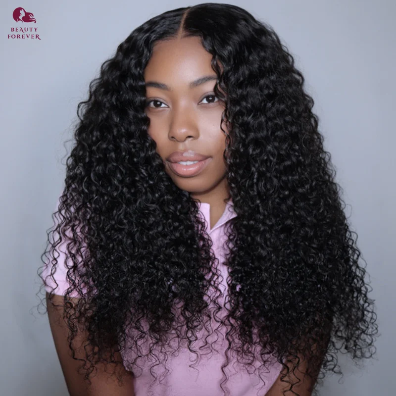 Bye Bye KNOTS Malaysian Jerry Curly Glueless Human Hair Wig Ready to Wear Transparent Lace Front Wig Without Glue Deep Part 180%