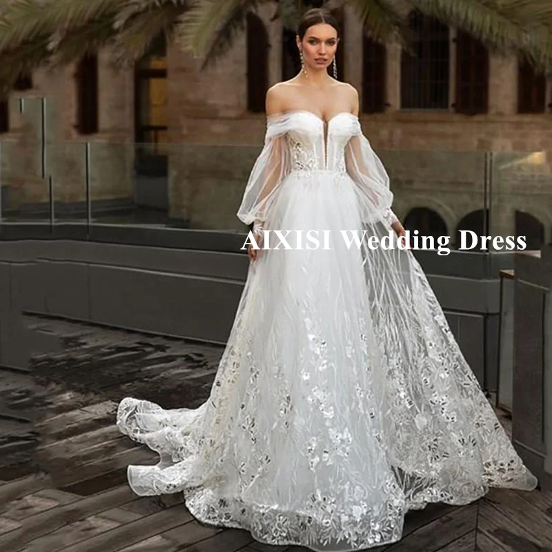 

Off the Shoulder Wedding Dresses A-Line Appliques Lace Illusion Vestidos De Novia Woman Button Robe de mariee Puff Sleev