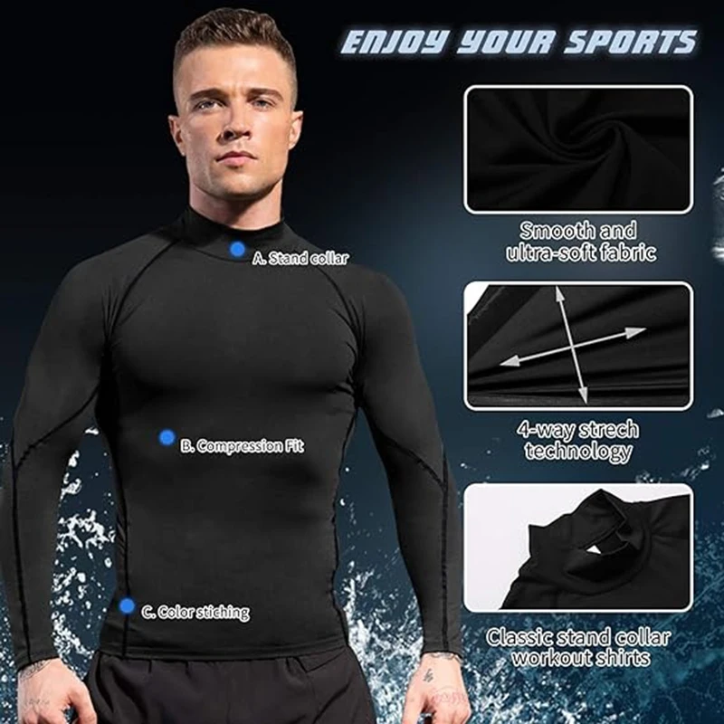 Men\'s Turtleneck Quick dry Long-Sleeved Compression Long Sleeved Sports Fitness Tight T-shirt Running Casual Spring and Autumn