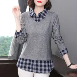 Women's Clothing Casual Versatile Autumn and Winter New Splice Buttons POLO Collar Long Sleeved Solid Color Lattice Pullover