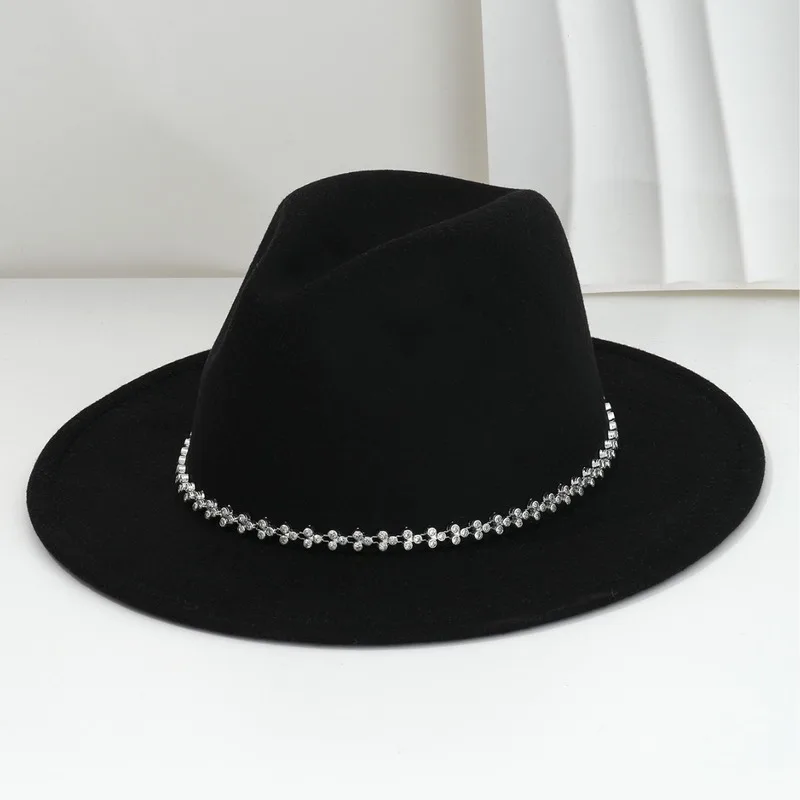 Unisex soft felt top , bohemian-style jazz hat, -dimensional three-leaf rhinestone chain, for concerts and dance perform