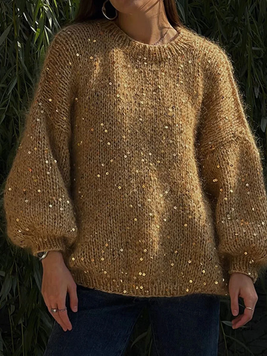 Sequin Decor Sweater Women Autumn New O Neck Lantern Sleeve Loose Casual Sweaters 2024 Vintage Fashion Knitted Pullovers Tops