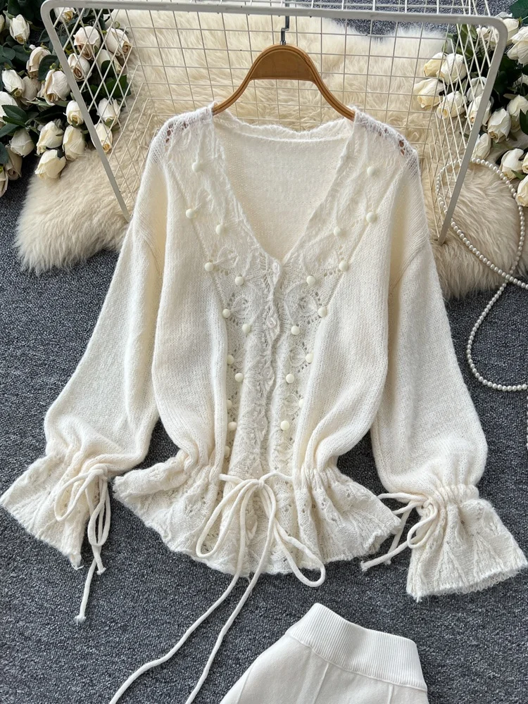 

Вязаный топ Sweet Tie Waist V-Ne с высокой талией, юбка с хвостом Fi, комплект из двух предметов для женщин, Sli French Sle Faion Ensemble