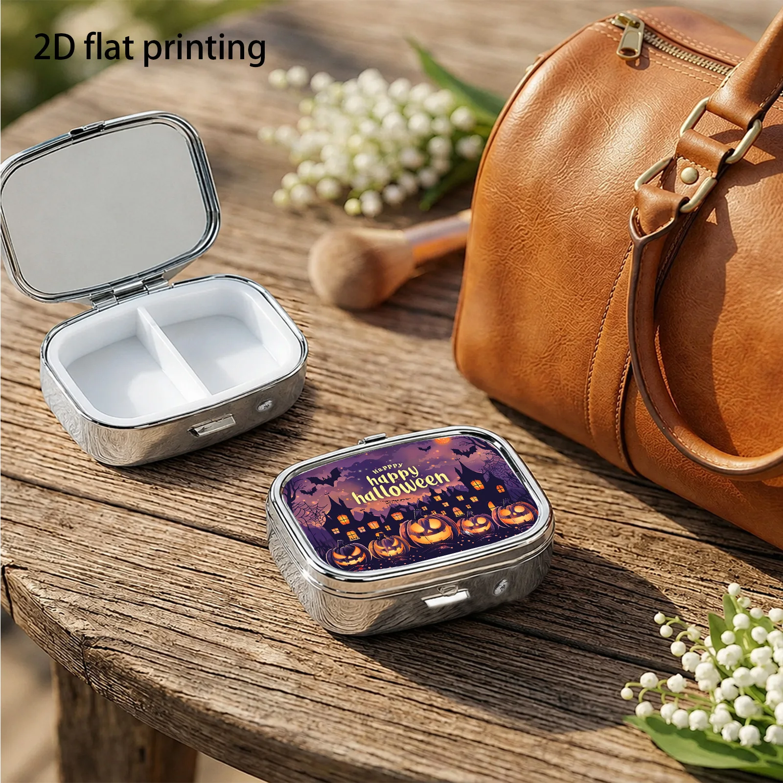 1Pc, Plane, Purple Night Castle Pumpkin Group Happy Halloween Retro Halloween Illustration Pattern, Square Two-Compartment Small Pill Storage Box