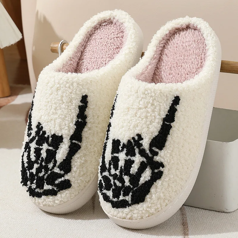 Skull Finger Pattern Skull Embroidery stuffed Home Platform Cozy Wool Cotton Slippers Rock Finger Warm Non-slip Indoor Slippers