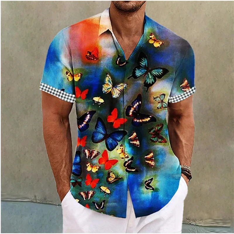 Summer Harajuku New 3D Colorful Butterflies Printing Shirts Men Florals Graphic Short Shirts Kid Fashion Lapel Shirt Y2k Clothes