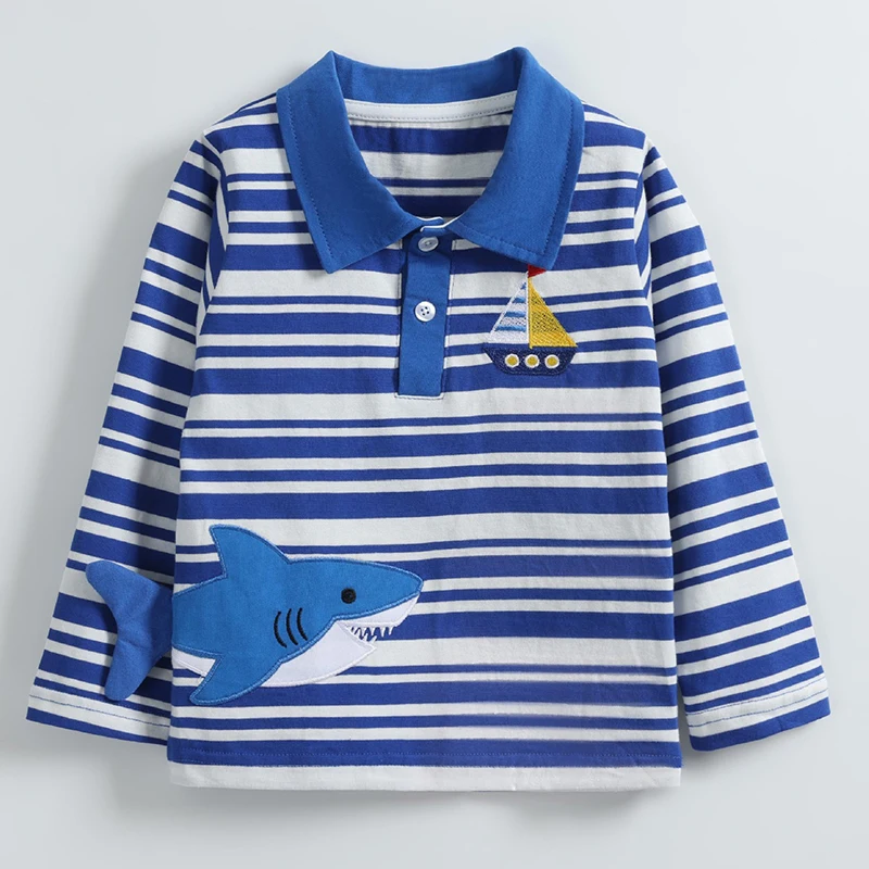 Little maven Baby Jungen Langarm Gestreiftes Polo Cartoon Haie T-Shirts Kinderbekleidung Herbst Frühling Kinderkleidung Baumwolle – Detail 2