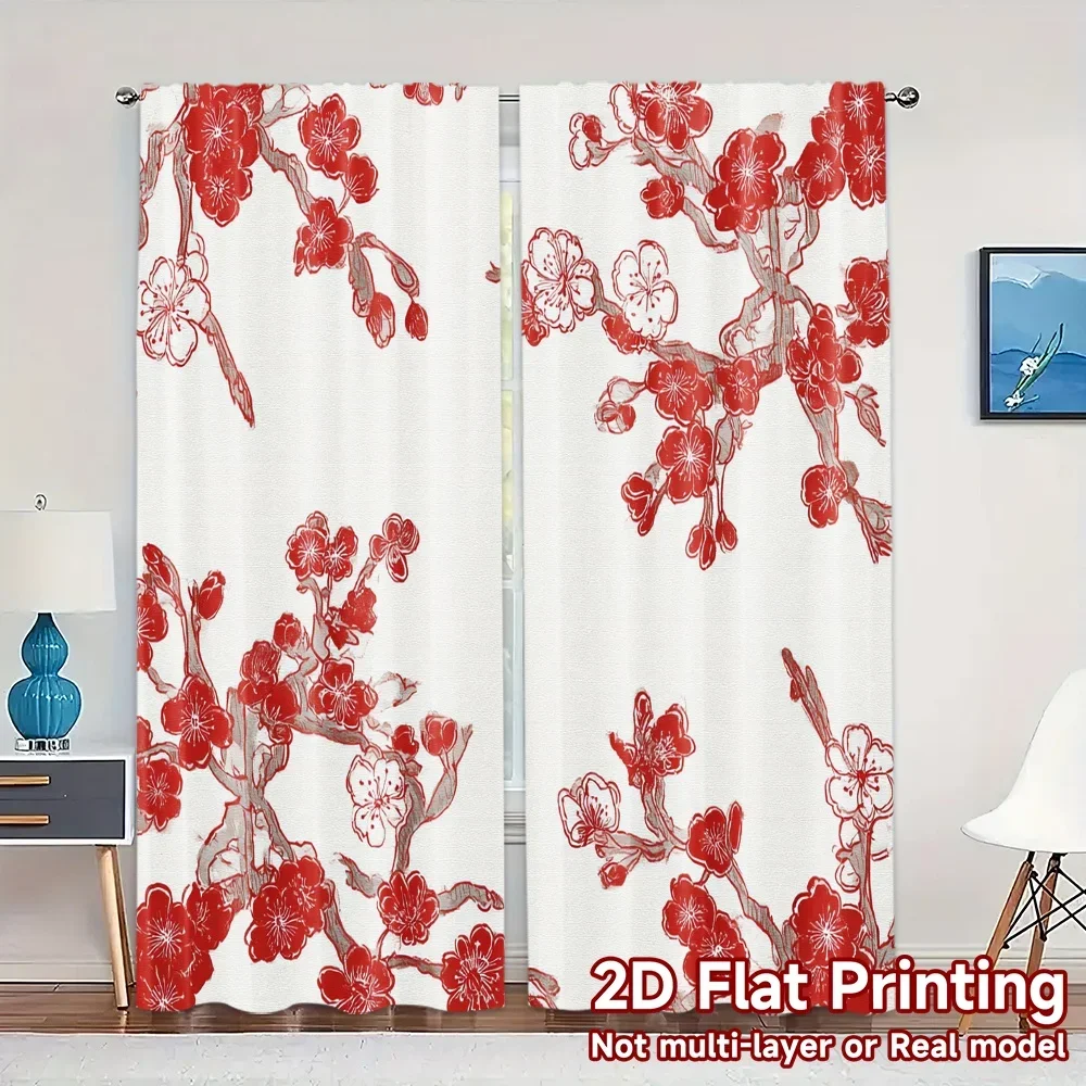 Red Cherry Blossom Floral Curtains 2pcs Window Curtains Pair for Bedroom Living Room Home Decor Aesthetic Romantic Style Print
