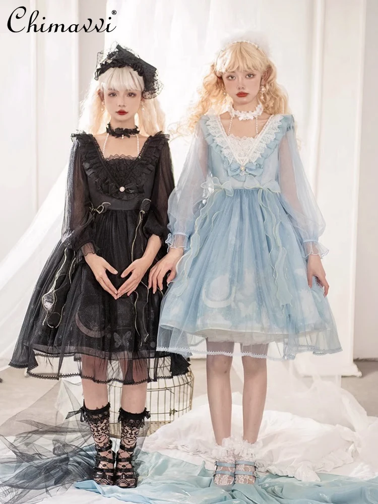 Lolita Gothic Girl Dress Sweet Cute CLA Bow Mesh Stitching OP Long Sleeve Dress Summer Subculture Harajuku Slim Midi Dresses