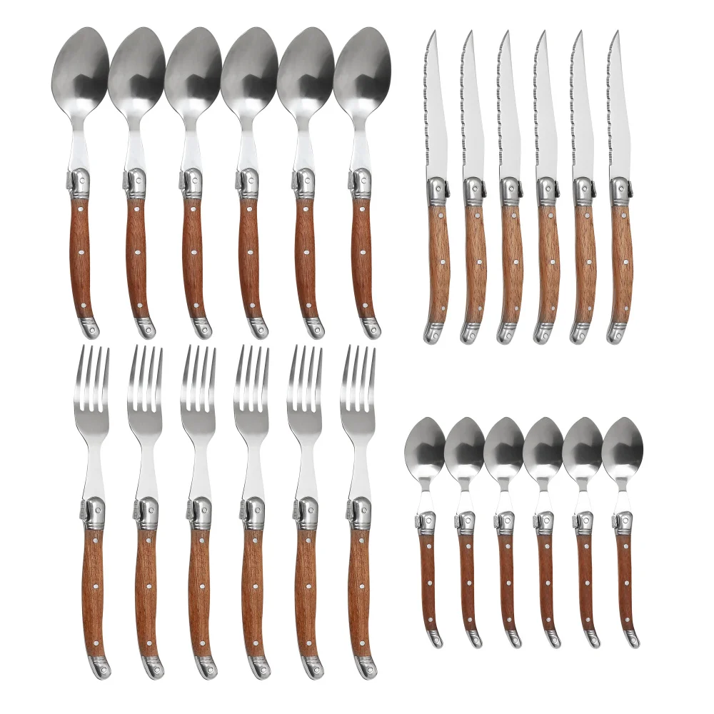 Stainless Steel Laguiole 24pcs Steak Flatware Set Rosewood Steak Knife Fork Spoon Set Natural Cutlery Set