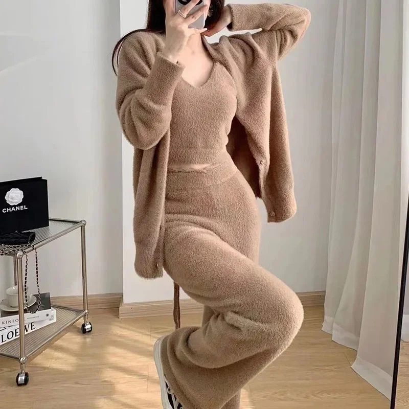 Advanced Imitation Mink Fur Cardigan, Camisole Casual Pants, Knitted Three Piece Set, Women's Autumn and Winter New Sweater