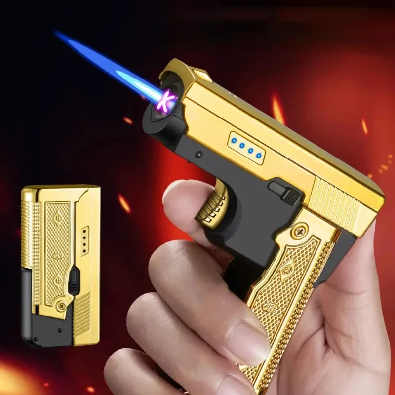 Folding Outdoor Windproof Metal Electric Gas Lighter Turbine Blue Flame Torch Jet Power Display Dual Arc USB Lighters Gun